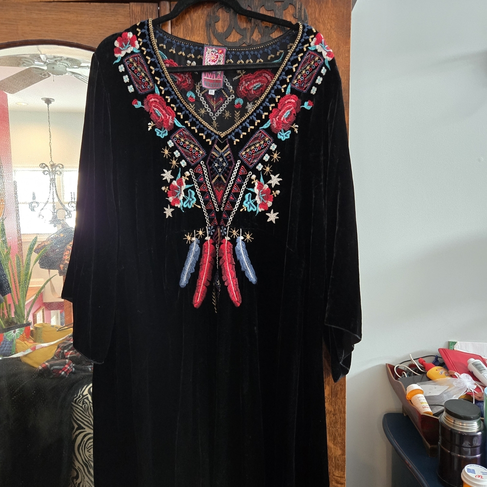 Johnny Was Black Velvet Dress with Vibrant Embroidery
